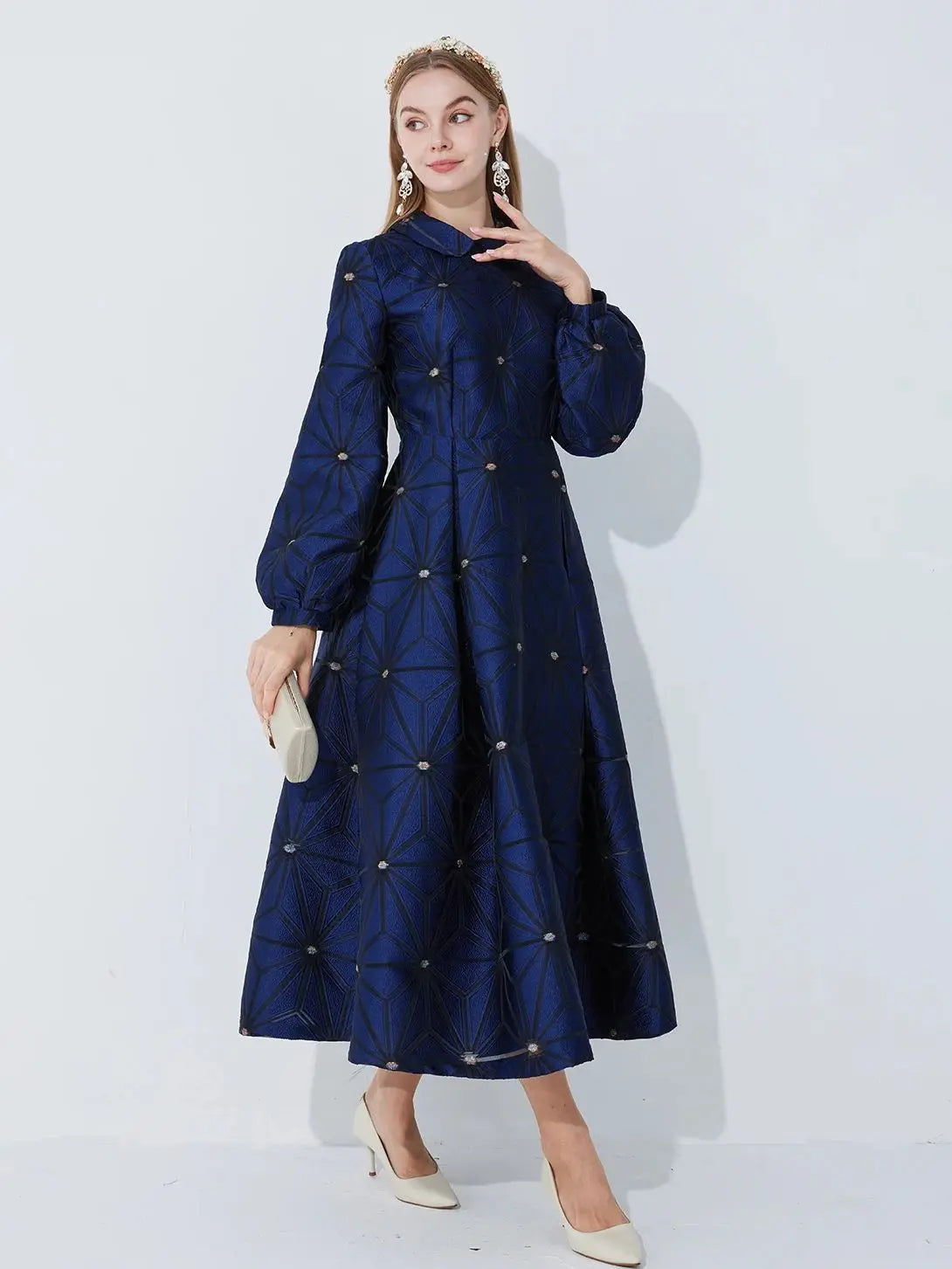 Fall/Winter Turned Collar Lined Sleeve A-Line Silhouette Geometric Heavyweight Jacquard Elegant and Graceful Long Dress