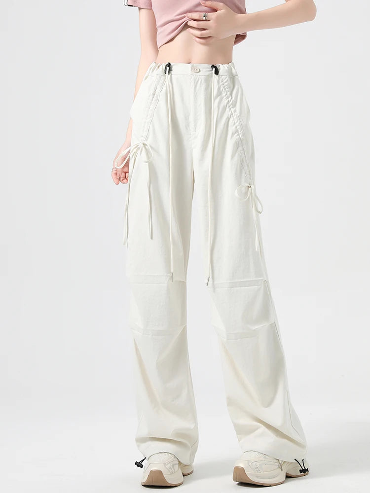 Women's Korean Style Cargo Pants 2025 Spring Autumn - High Waisted Quick Dry Wide Leg Pants with Bow Drawstring