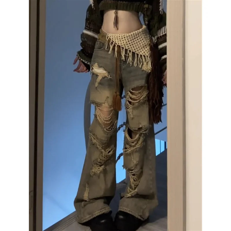 2024 Blue High Waist Women Jeans Feeling Vintage Straight Casual Baggy Streetwear Y2K Ripped Wide Leg Female Trouser Denim Pants