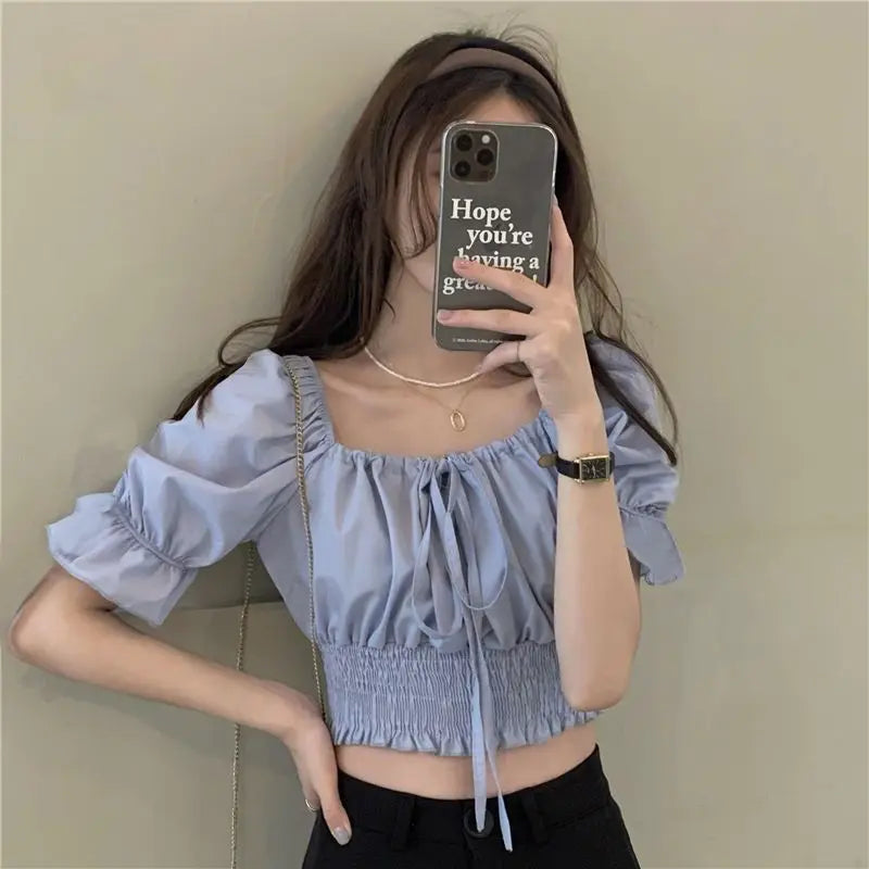 Off Shoulder Lace Up Bow Crop Top Blouse Women Summer Shirring Puff Short Sleeve Female Shirts Sweet Ruffle Tunic Korean Fashion