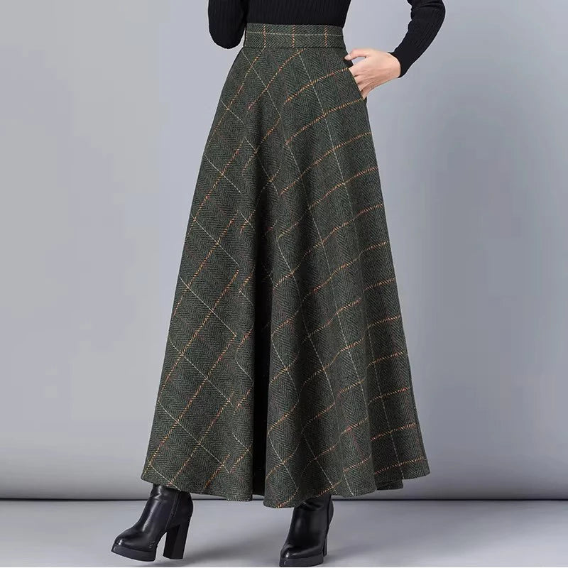 Women's 2025 Fall/Winter Retro Plaid Wool Midi Skirt - High-Waisted A-Line, Plus Size, Thickened & Slimming Long Skirt