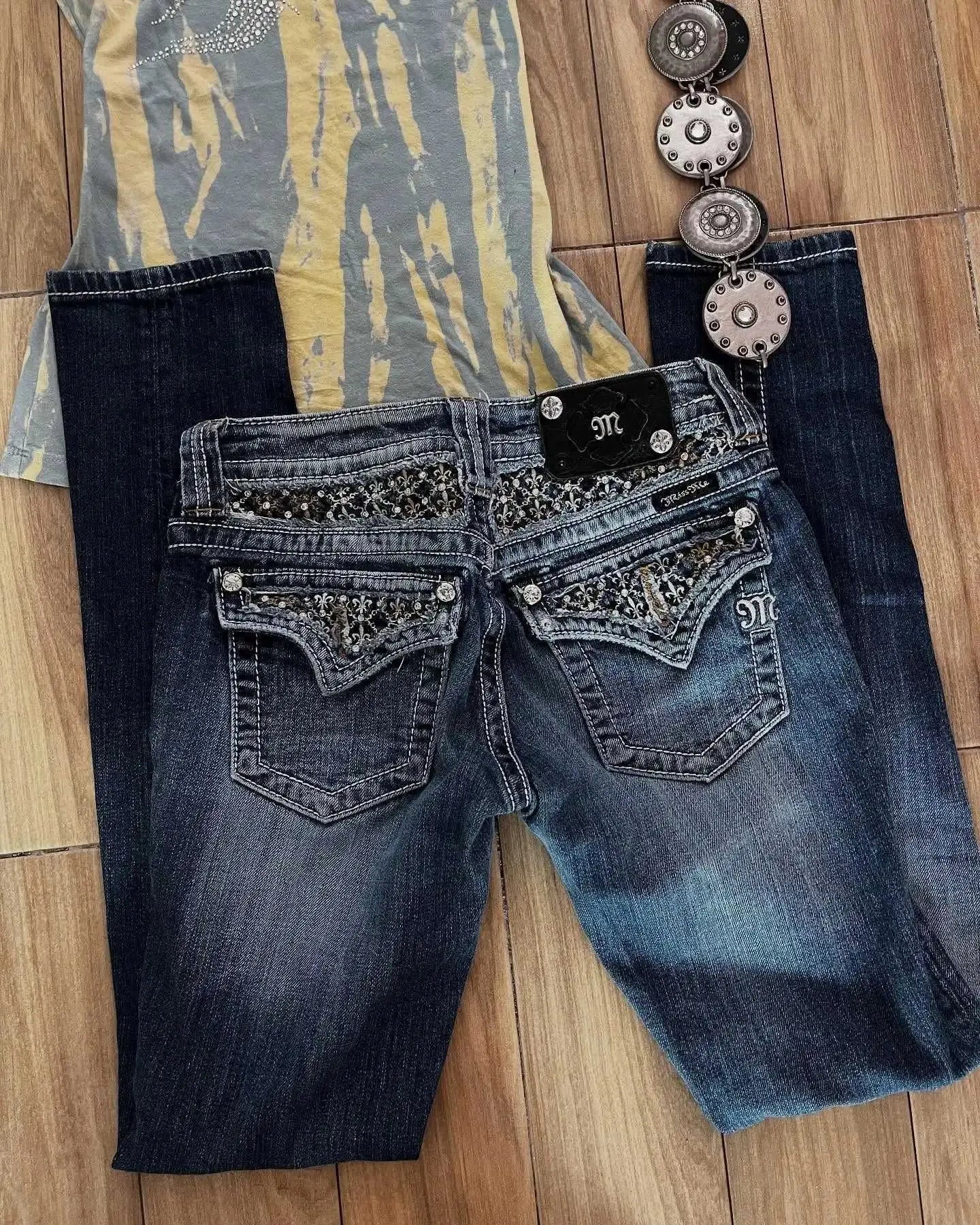 Y2K New Vintage Style Flare Jeans Women Low Waist Stretch Denim Pants With Contrast Waistband Casual Streetwear Trousers