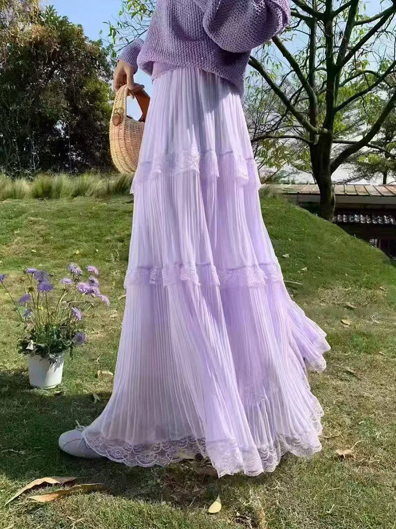 Retro Sweet White Long Skirt Women Casual Loose High Waist Elegant Skirt Vintage Lace Patchwork Korean Summer Long Skirts