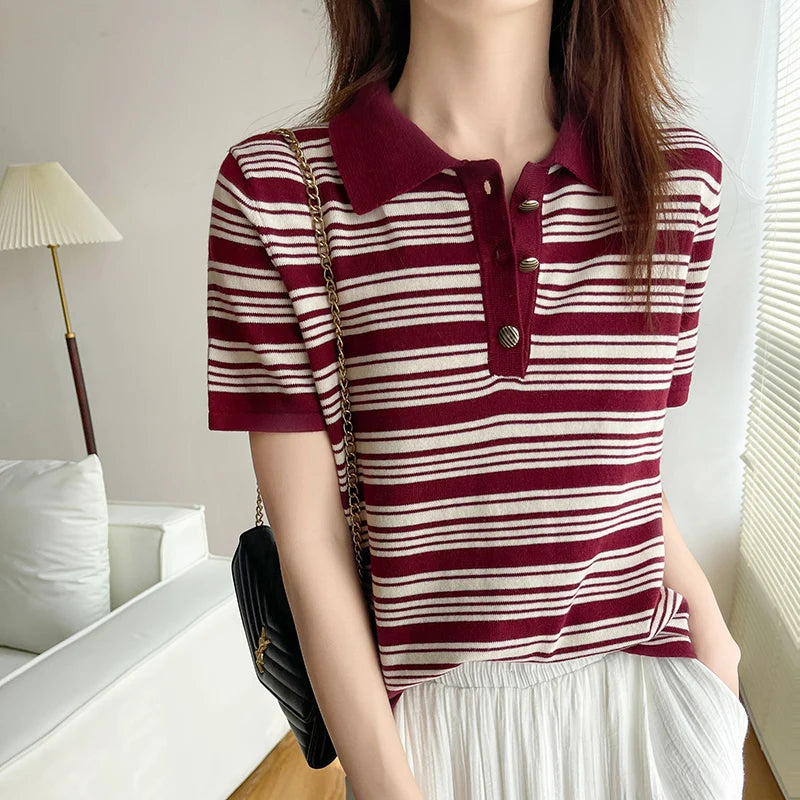 Women's T-Shirt 100% Cotton Sweater Short Sleeve Striped Knitted Turn-down Collar Ladies Tops Loose Blouse Pullover Tees Buttons