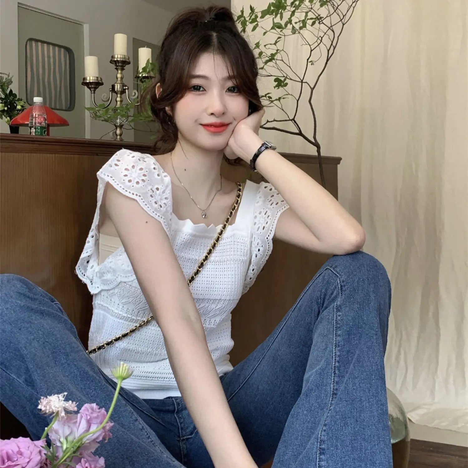 Summer 2026 Kawaii Women's Knit Vintage Butterfly Sleeve T-shirt Female Square Collar Cute Short Sleeve Tee Casual Crochet Tops