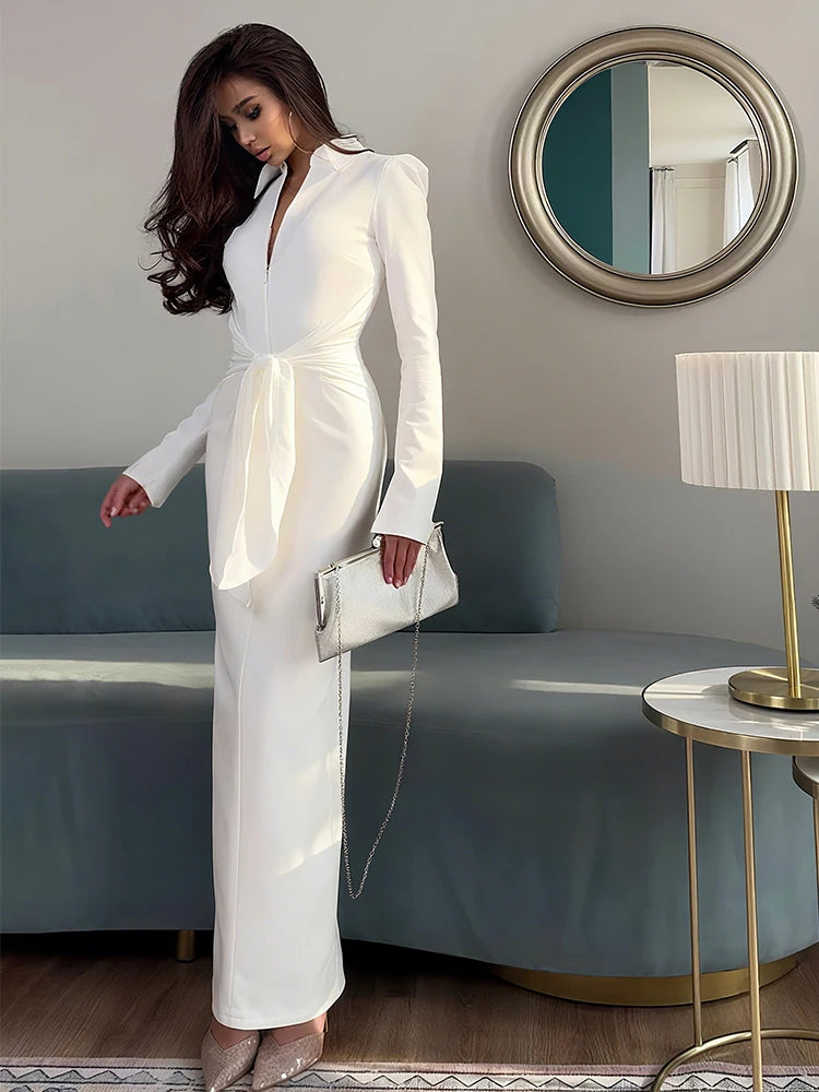 Weird Puss Sexy Maxi Dress Women Shoulder Padded Zip Wrapped Bandage Long Sleeve Slit Elegant Solid Office Simple Skinny Bodycon