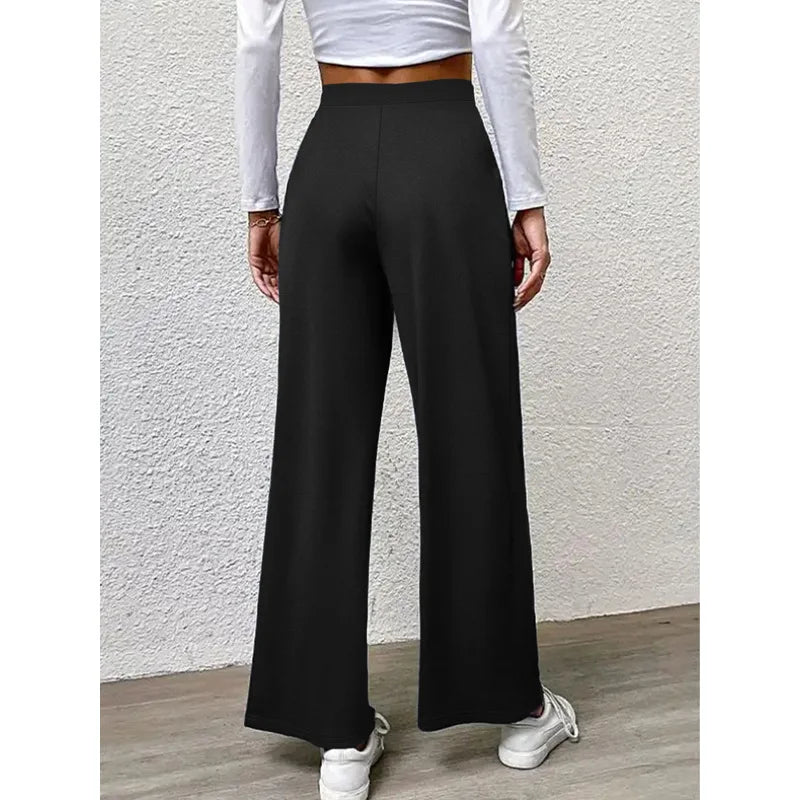 2025 Casual Straight Leg Pants Women Elastic Waist Stretchy Slimming Solid Black Office Daily Trousers  