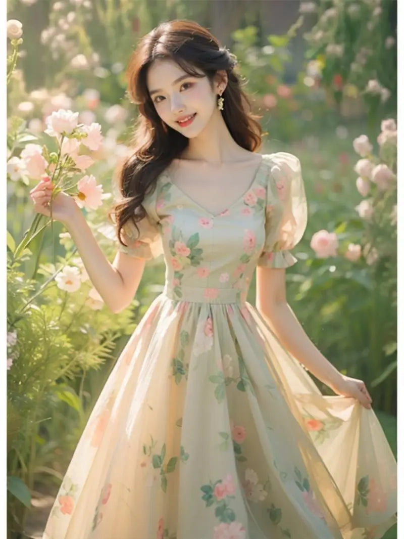 Beautiful Temperament Super Good-looking High-end Exquisite Waist-hugging Floral Puff Sleeve Dress for Women