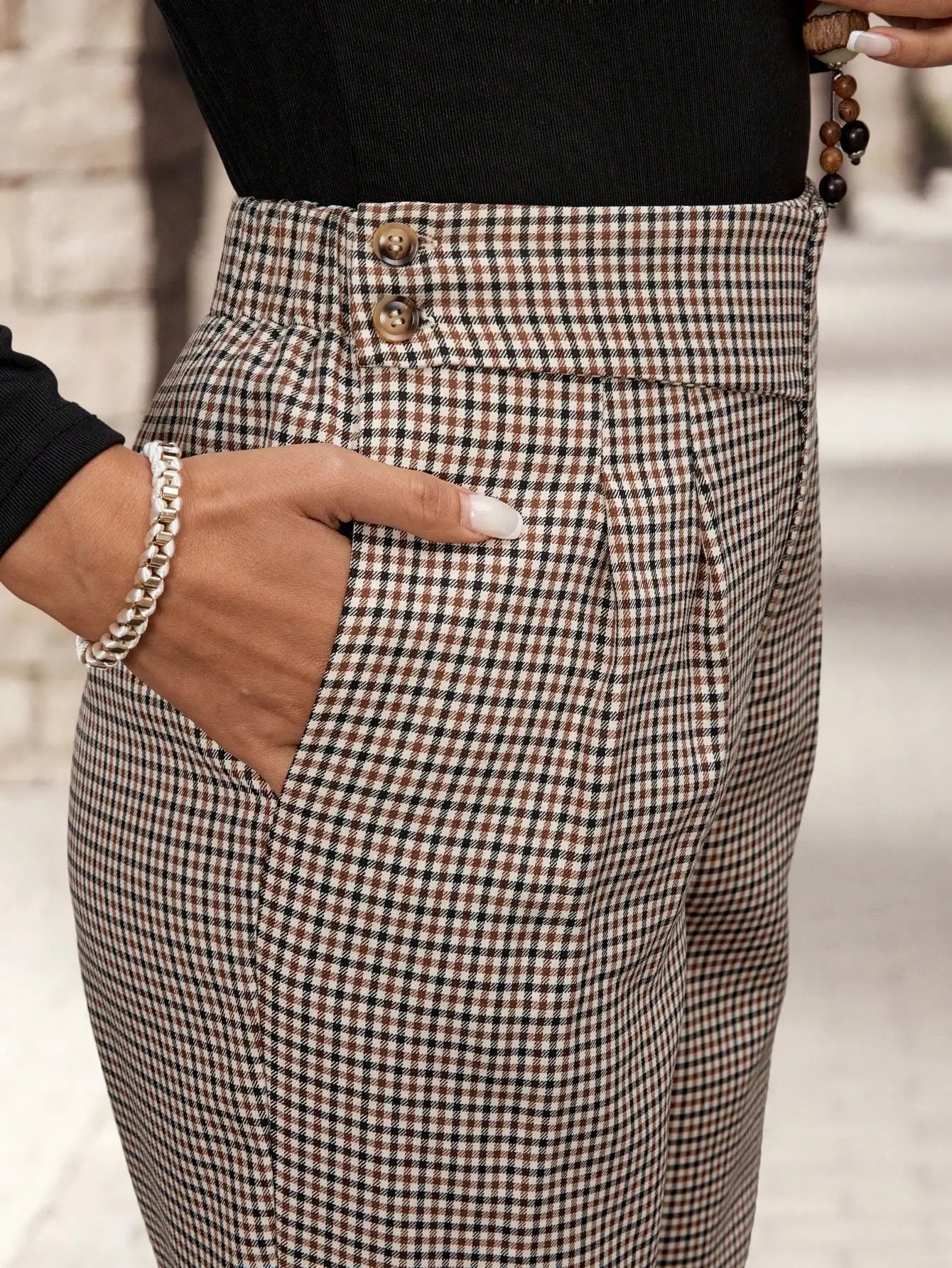 Women Houndstooth High Waist Pleated Pants Vintage Tapered Office Casual Trousers