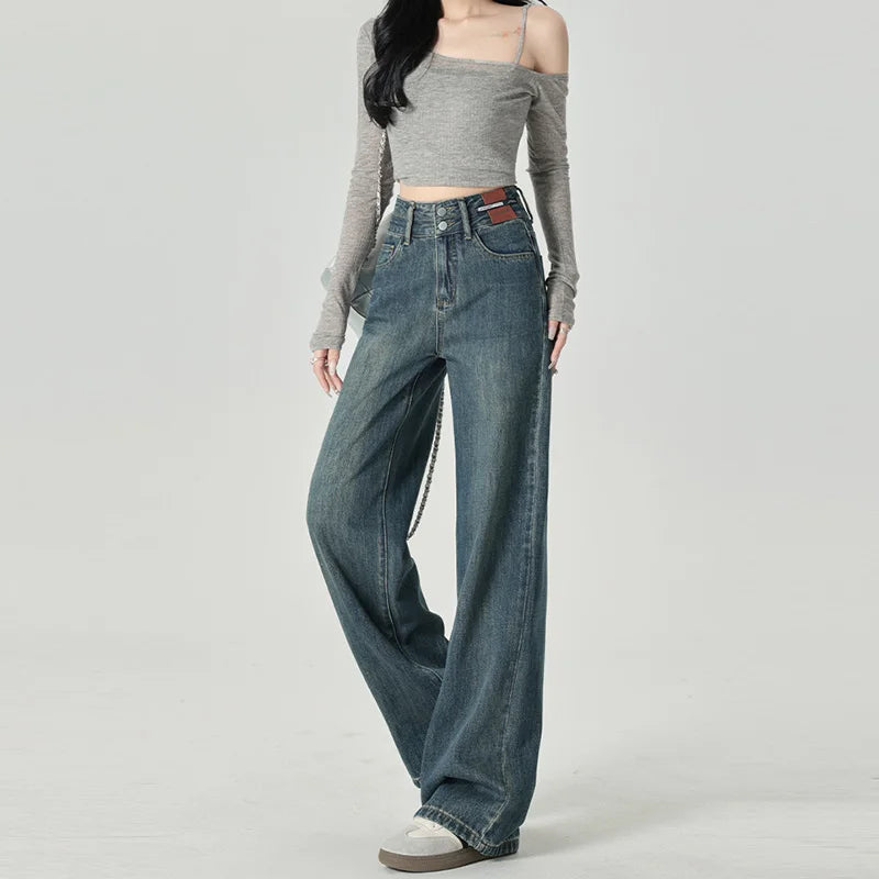 Women's Narrow Cut Wide Leg Jeans With High Waist And Hanging Feeling Straight Leg Casual Look Slim Contrasting Colors Pants
