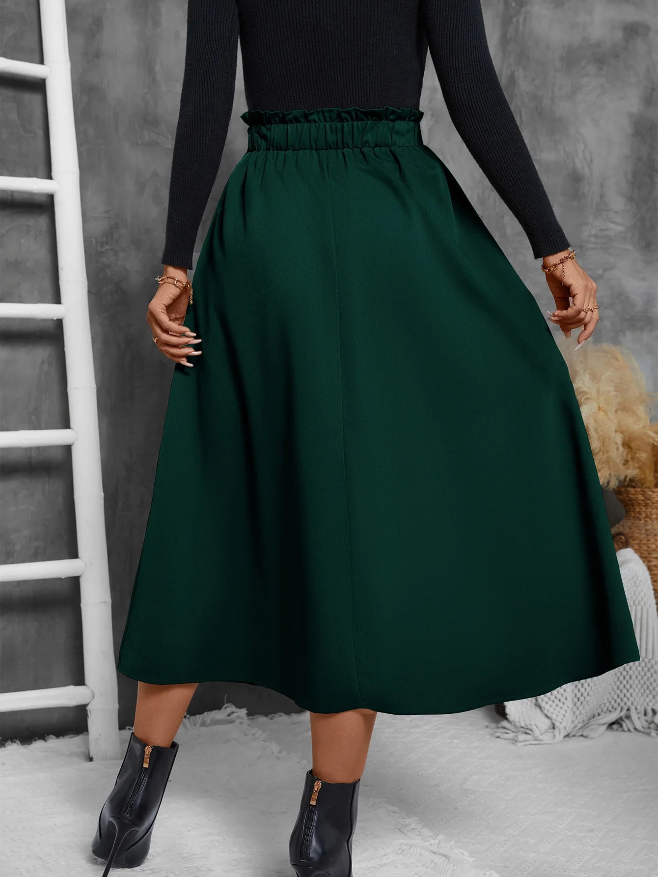 Women's Midi Skirt with Pockets - High Waist Elastic Waist Flowy A-Line Skirt for Casual and Party Wear