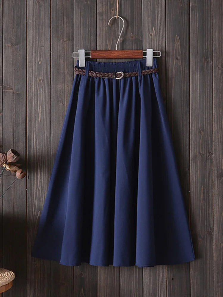 Midi Knee Length Summer Skirt Women With Belt Fashion Korean Ladies High Waist Pleated A-line School Skirt Female