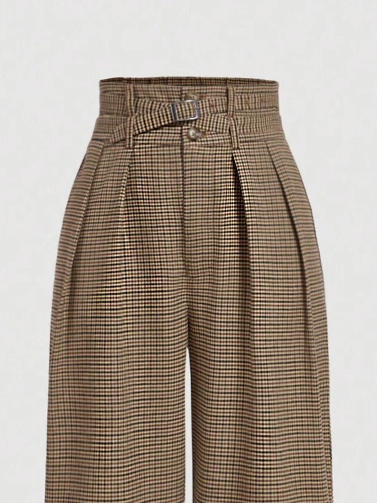 Women's plaid wide-leg trousers, retro high-waisted casual trousers, cargo style trousers with belt