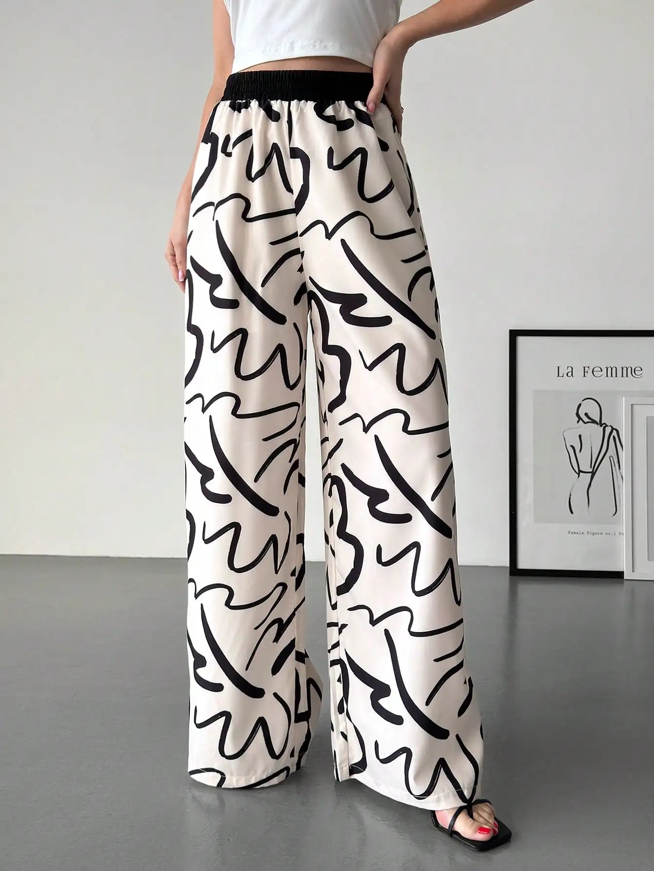 Women's color-block printed loose-fit high-waist wide-leg pants, suitable for commuting, casual wear, and vacations