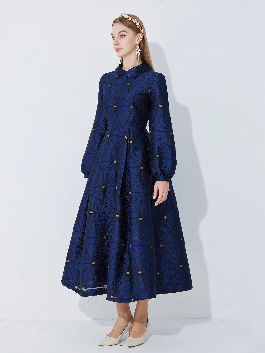 Fall/Winter Turned Collar Lined Sleeve A-Line Silhouette Geometric Heavyweight Jacquard Elegant and Graceful Long Dress