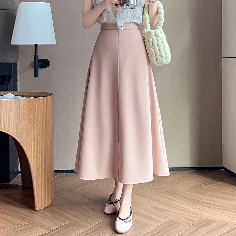 Elegant OL Spring Summer Long Skirts For Woman Fashion Korean High Waist A-line Office Skirt Suit Pleated Pink Black Skirt Women