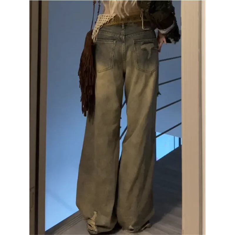 2024 Blue High Waist Women Jeans Feeling Vintage Straight Casual Baggy Streetwear Y2K Ripped Wide Leg Female Trouser Denim Pants