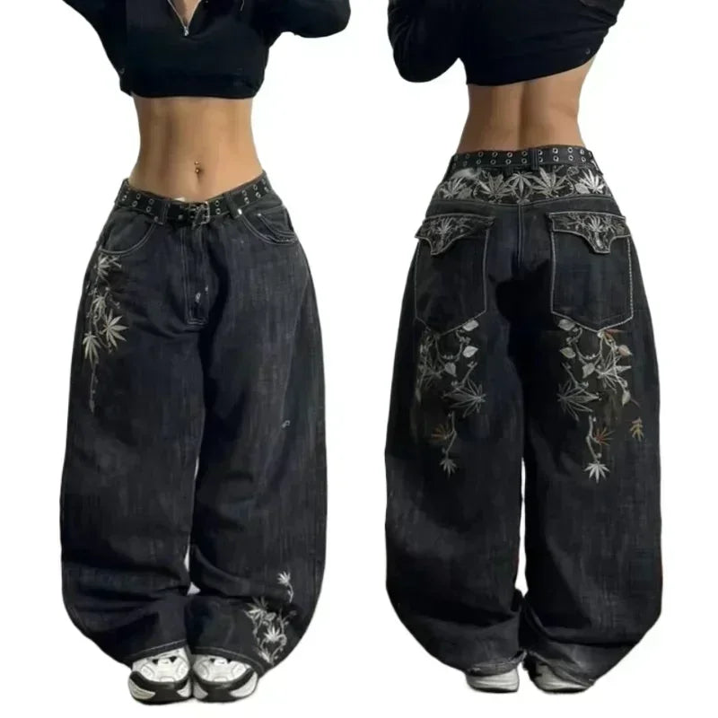 Joker Y2K Hip-Hop Retro Jeans Female Korean Casual Wide-Leg Pants Loose Fit Stitching Fashion Essential Overalls