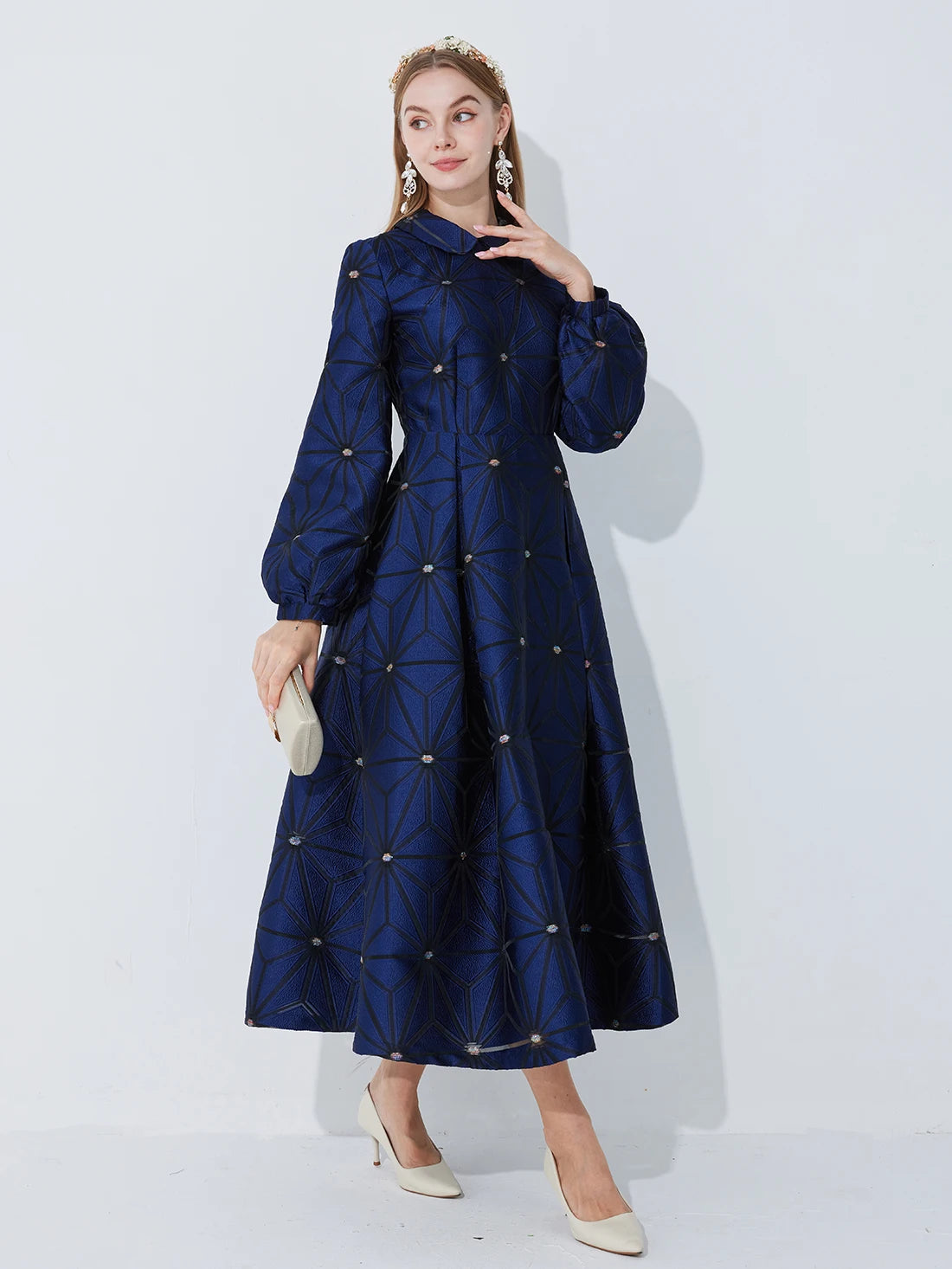 Fall/Winter Turned Collar Lined Sleeve A-Line Silhouette Geometric Heavyweight Jacquard Elegant and Graceful Long Dress