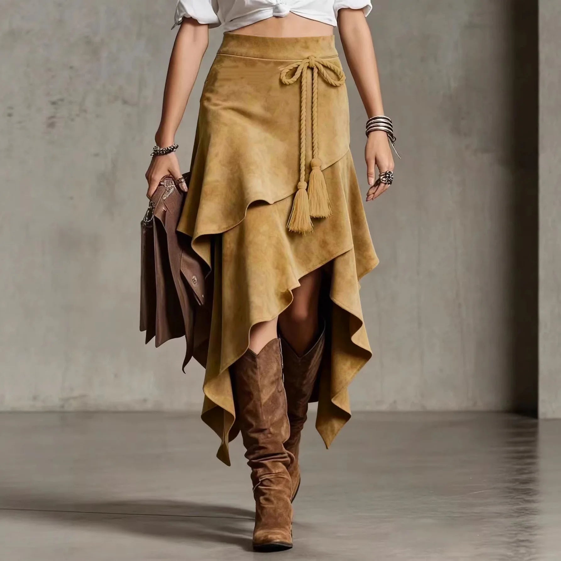 Vintage Western-style irregular design suede skirt solid color midi skirt