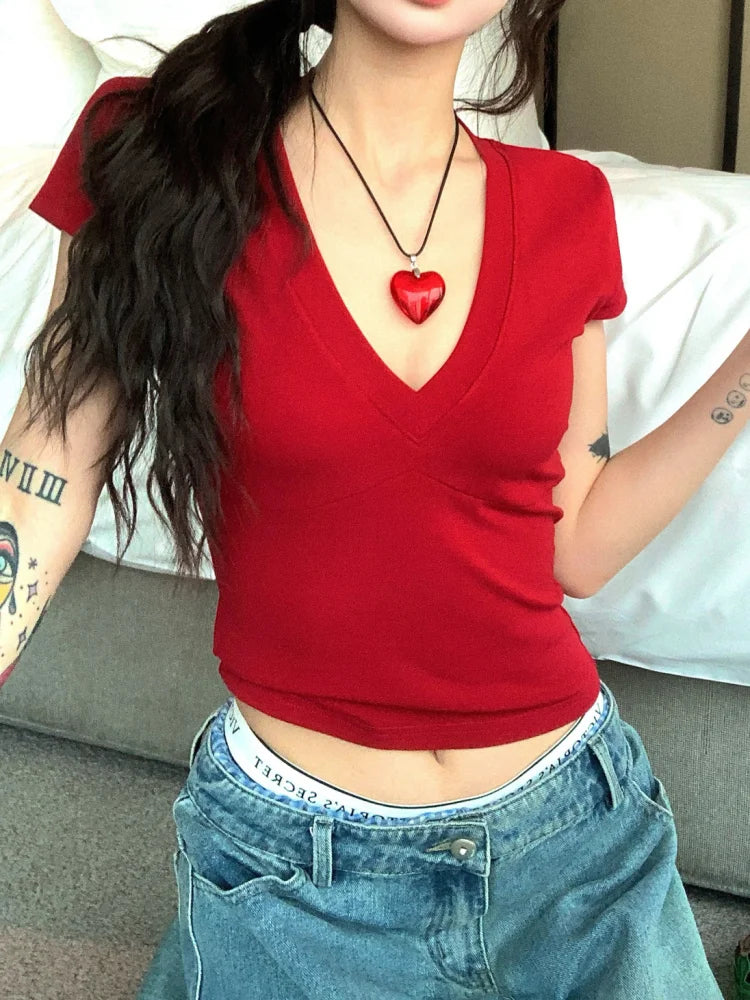 Basic Solid Crop Top Short Sleeve V-neck Skinny T-shirt Summer Casual Tee for Women Y2K Vintage Top Harajuku Streetwear
