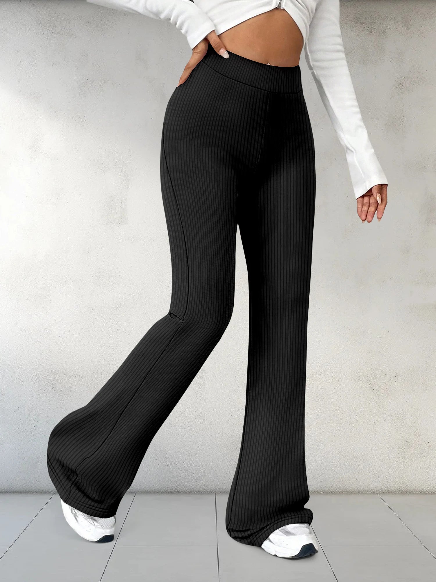 European and American Style High-Waisted Ribbed Flared Long Pants Comfortable Elastic Tight Slim-Fit Pants for Women