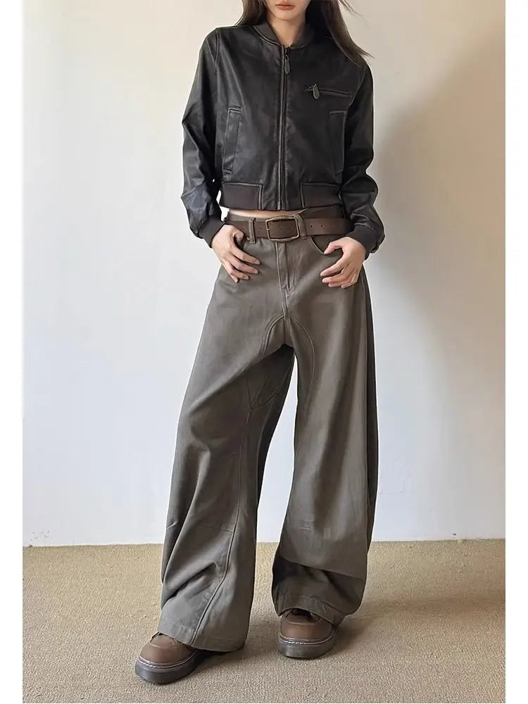 American Vintage 2000s Style High Waist Camel Jeans Pants Spring Fashion Women's Baggy Y2K Wide Leg Denim Trouser Female Clothes