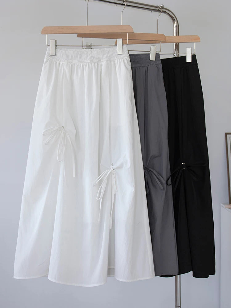 Women's Summer High Waisted Bow Cargo Skirt - Korean Effortless Chic Flowy Big Hem Umbrella Skirt Midi Casual Skirt