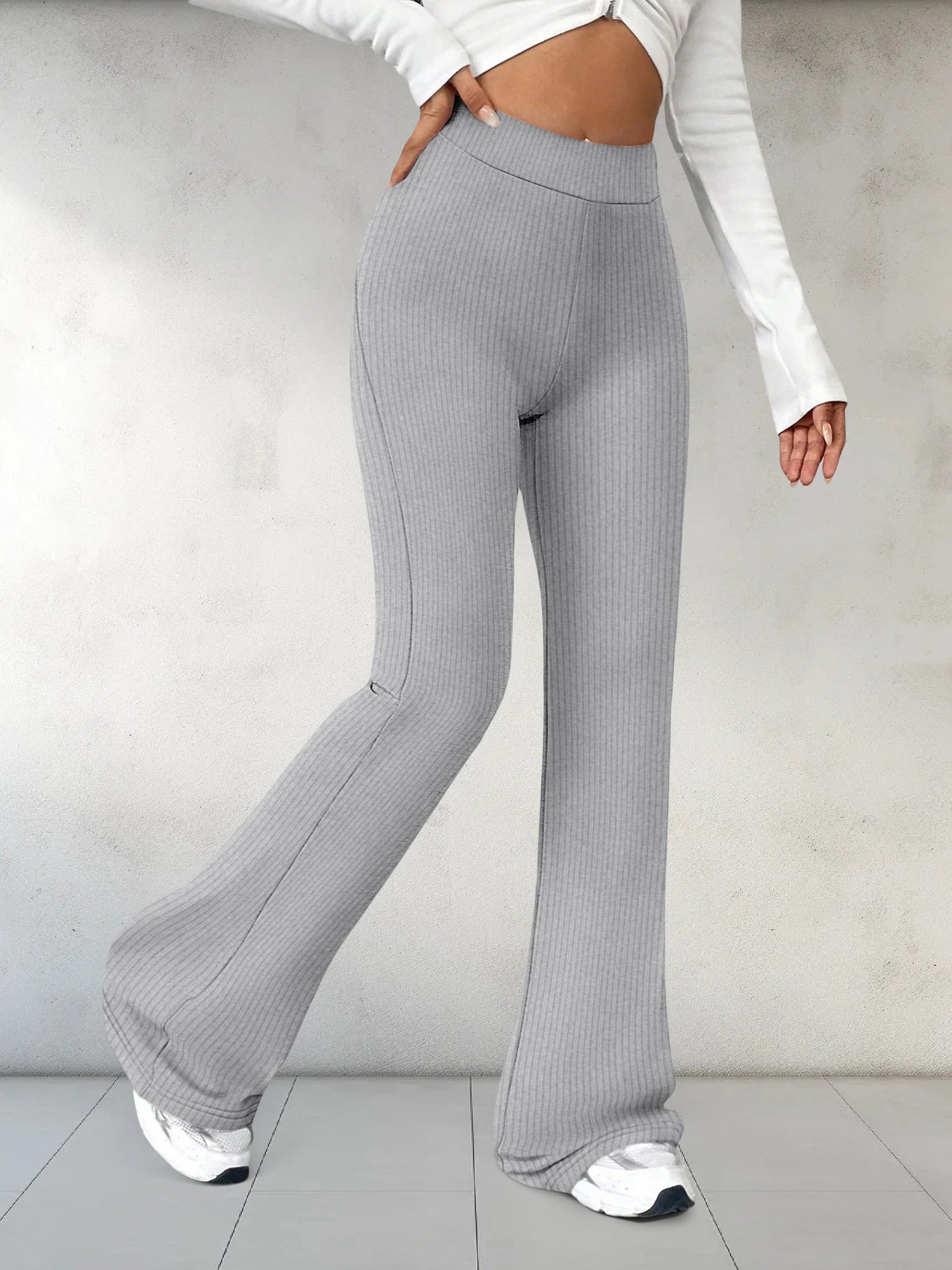 European and American Style High-Waisted Ribbed Flared Long Pants Comfortable Elastic Tight Slim-Fit Pants for Women
