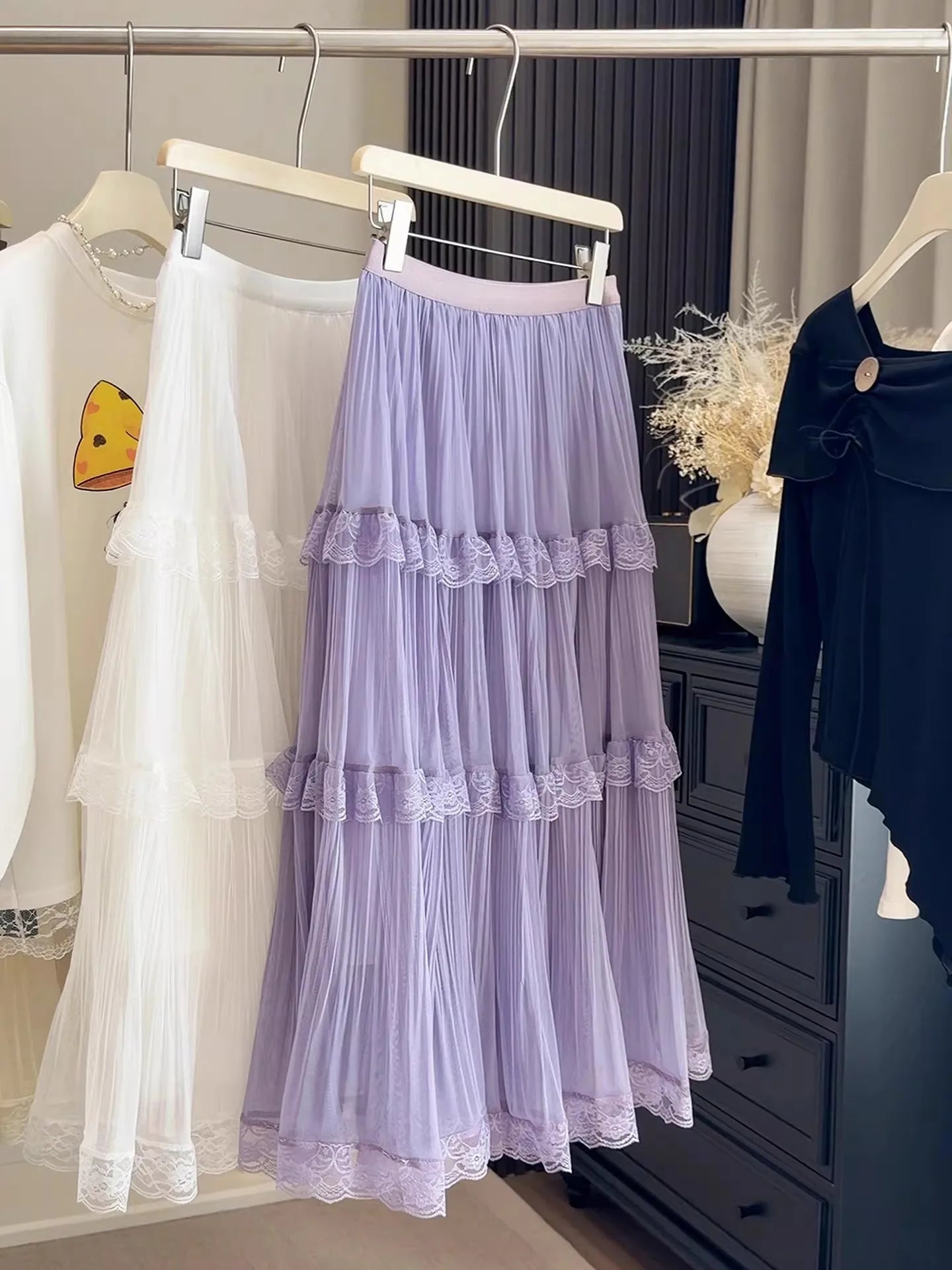 Retro Sweet White Long Skirt Women Casual Loose High Waist Elegant Skirt Vintage Lace Patchwork Korean Summer Long Skirts