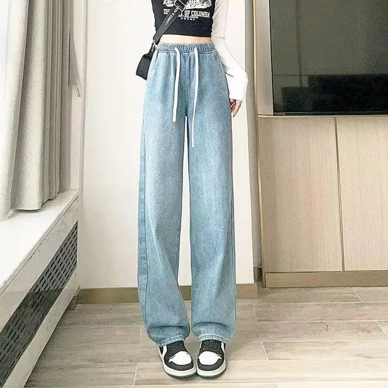 Spring Autumn New Fashion Elastic Waist Drawstring Solid Jeans Women's Clothing Pocket Korean All-match Trend Chic Straight Pant