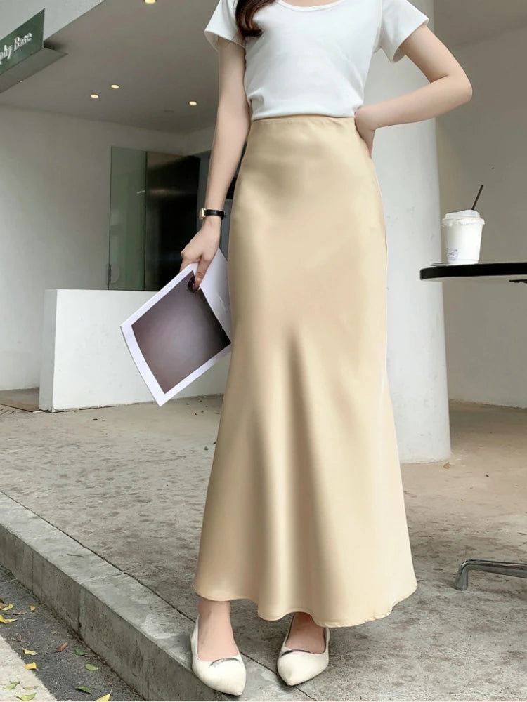 Temperament Elegant Satin Fishtail Skirt Mujer Faldas Vintage Maxi Skirts Women Party Wear Vestido De Festa Fashion Clothes