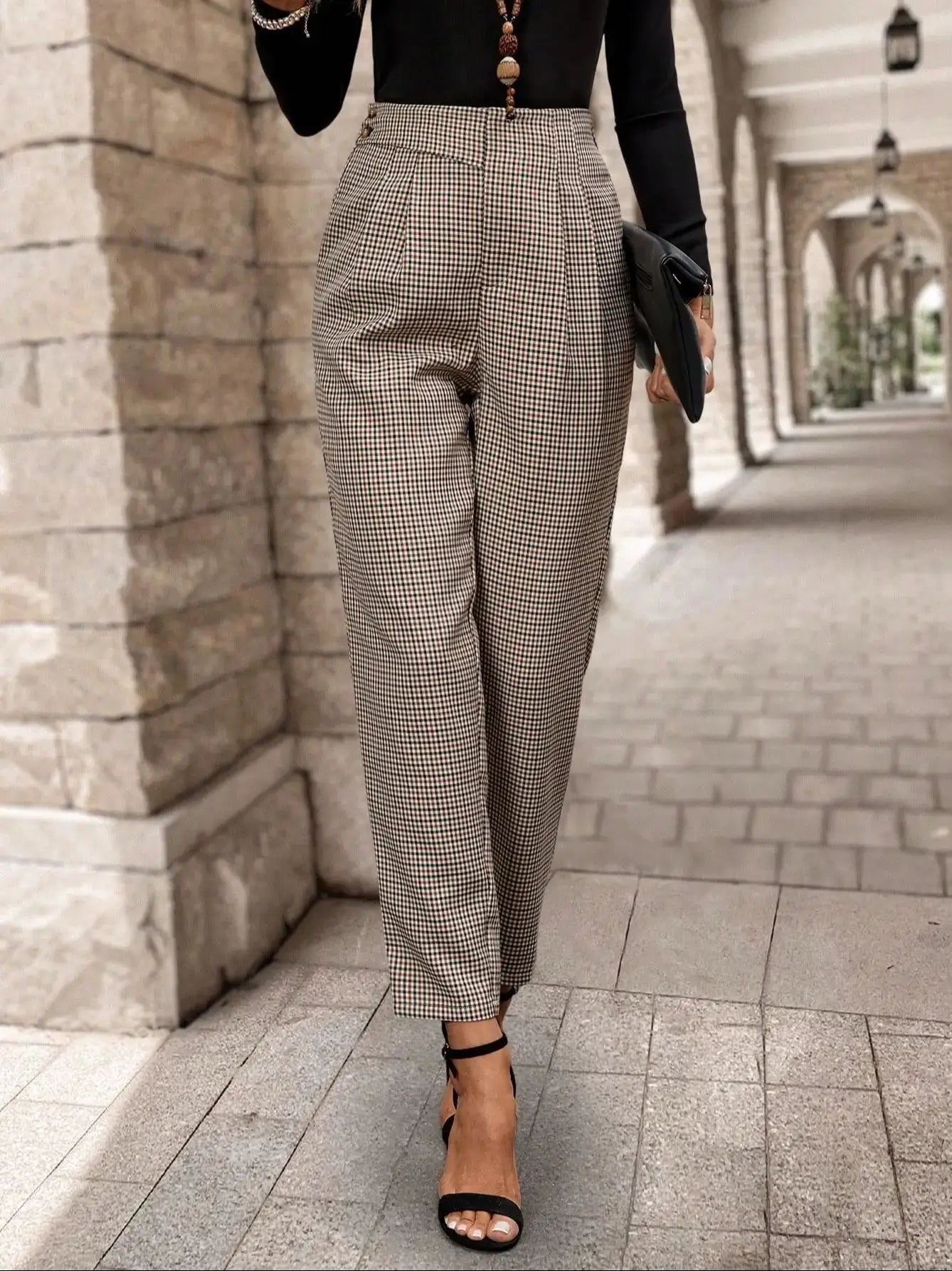 Women Houndstooth High Waist Pleated Pants Vintage Tapered Office Casual Trousers
