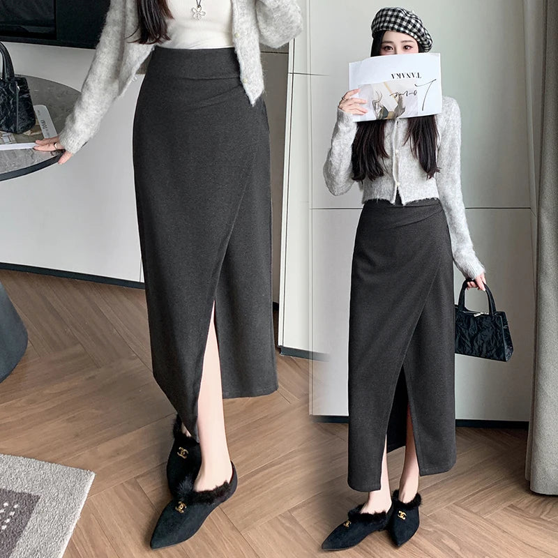 Fashion Korean Winter Woolen Midi Skirt Women Sexy Side Slit Crossed Bodycon Pencil Skirts Elegant High Waist Wrap Faldas Largas