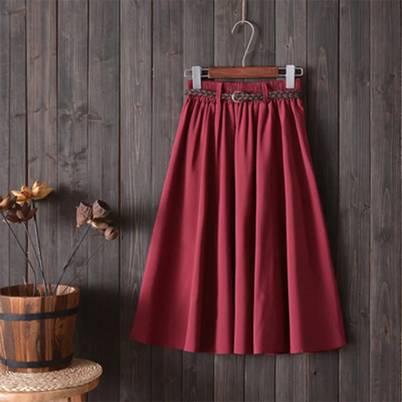 Midi Knee Length Summer Skirt Women With Belt Fashion Korean Ladies High Waist Pleated A-line School Skirt Female
