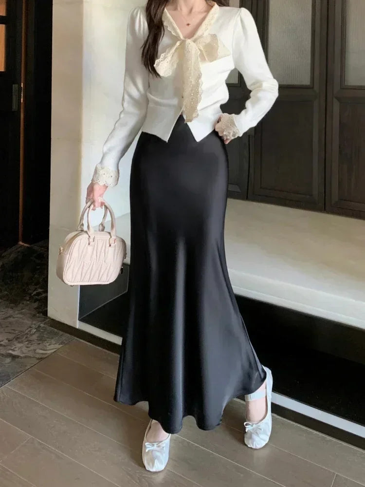 Spring Summer Women's Long Skirt High Waist Satin Silk A-line Skirt Ladies Korean Fashion Solid Pink Fishtail Skirts for Women