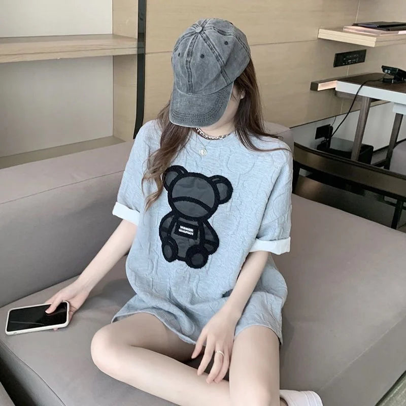 Summer Cotton Short Sleeve T Shirts Women Casual Cartoon Bear Loose T-shirt O-neck Basic Crop Tops High Streetwear Fashion Tees