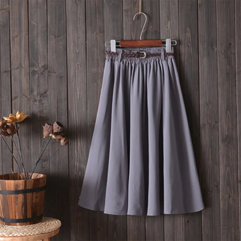 Midi Knee Length Summer Skirt Women With Belt Fashion Korean Ladies High Waist Pleated A-line School Skirt Female