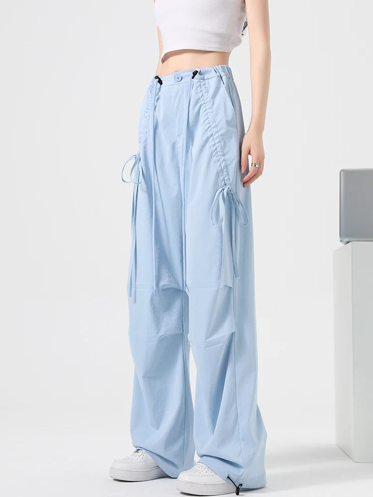 Women's Korean Style Cargo Pants 2025 Spring Autumn - High Waisted Quick Dry Wide Leg Pants with Bow Drawstring