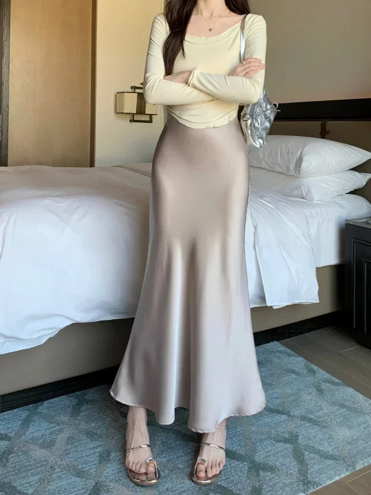 Spring Summer Women's Long Skirt High Waist Satin Silk A-line Skirt Ladies Korean Fashion Solid Pink Fishtail Skirts for Women