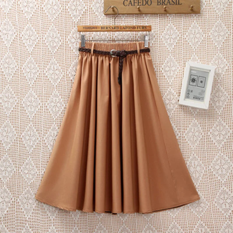 Midi Knee Length Summer Skirt Women With Belt Fashion Korean Ladies High Waist Pleated A-line School Skirt Female