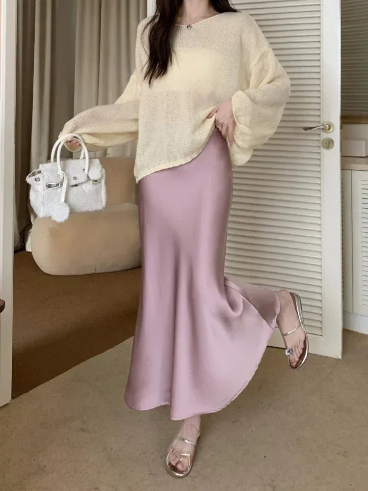 Spring Summer Women's Long Skirt High Waist Satin Silk A-line Skirt Ladies Korean Fashion Solid Pink Fishtail Skirts for Women