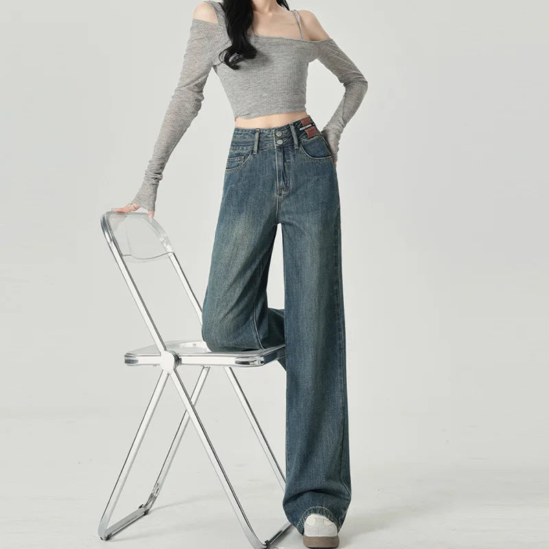 Women's Narrow Cut Wide Leg Jeans With High Waist And Hanging Feeling Straight Leg Casual Look Slim Contrasting Colors Pants