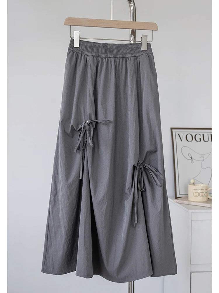 Women's Summer High Waisted Bow Cargo Skirt - Korean Effortless Chic Flowy Big Hem Umbrella Skirt Midi Casual Skirt
