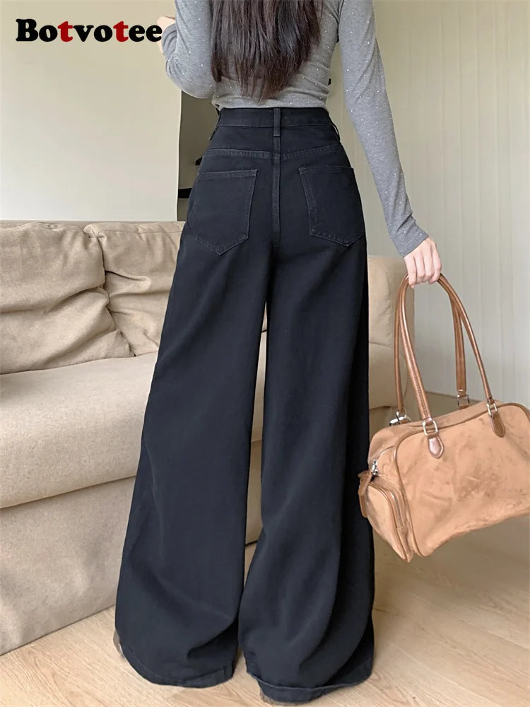 Botvotee Brown Baggy Jeans Women High Waisted Wide Leg Streetwear Y2k Fashion Black Denim Pants Beige Slouchy Jeans