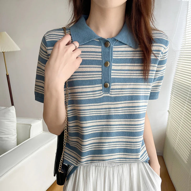 Women's T-Shirt 100% Cotton Sweater Short Sleeve Striped Knitted Turn-down Collar Ladies Tops Loose Blouse Pullover Tees Buttons