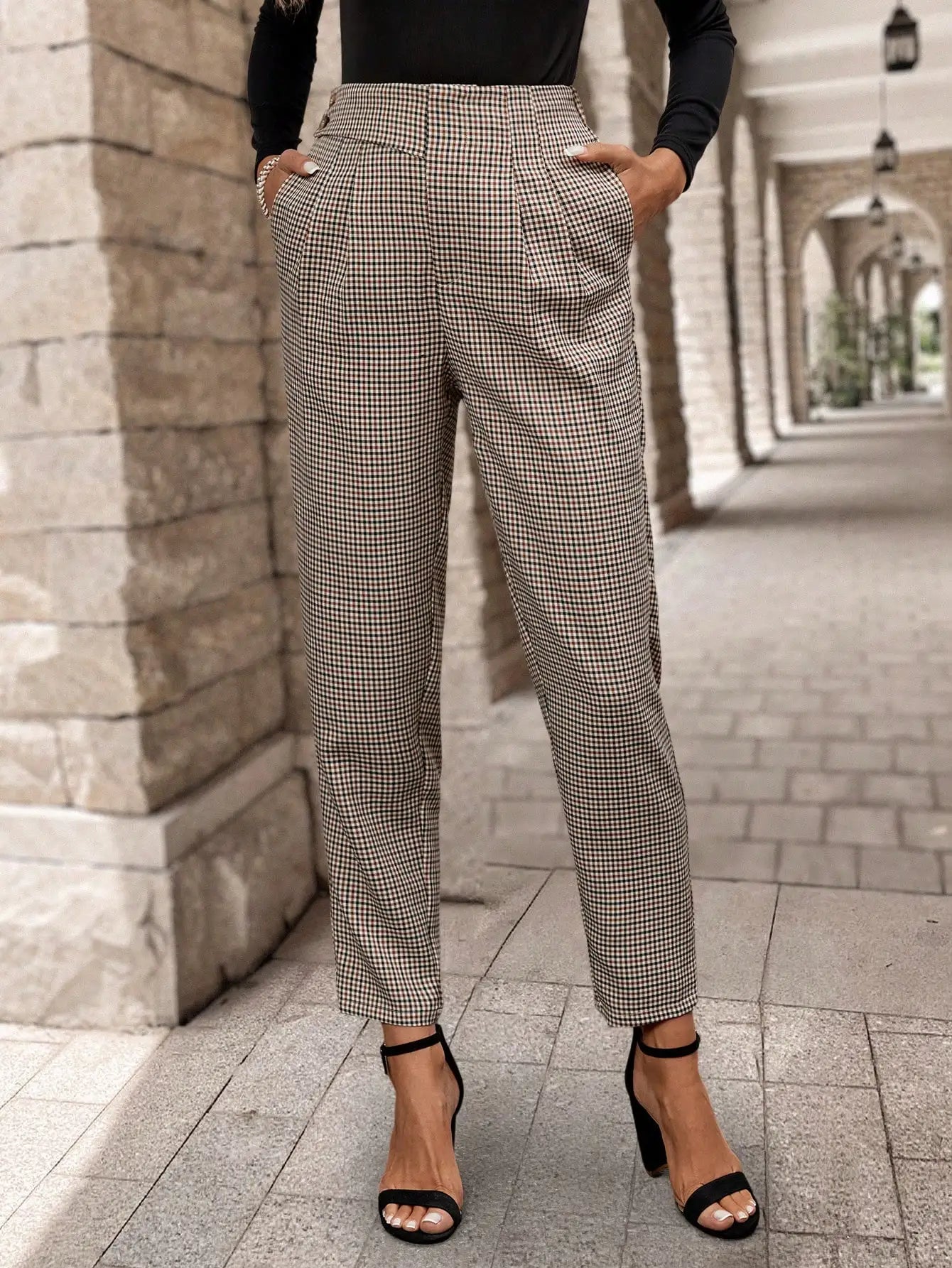 Women Houndstooth High Waist Pleated Pants Vintage Tapered Office Casual Trousers