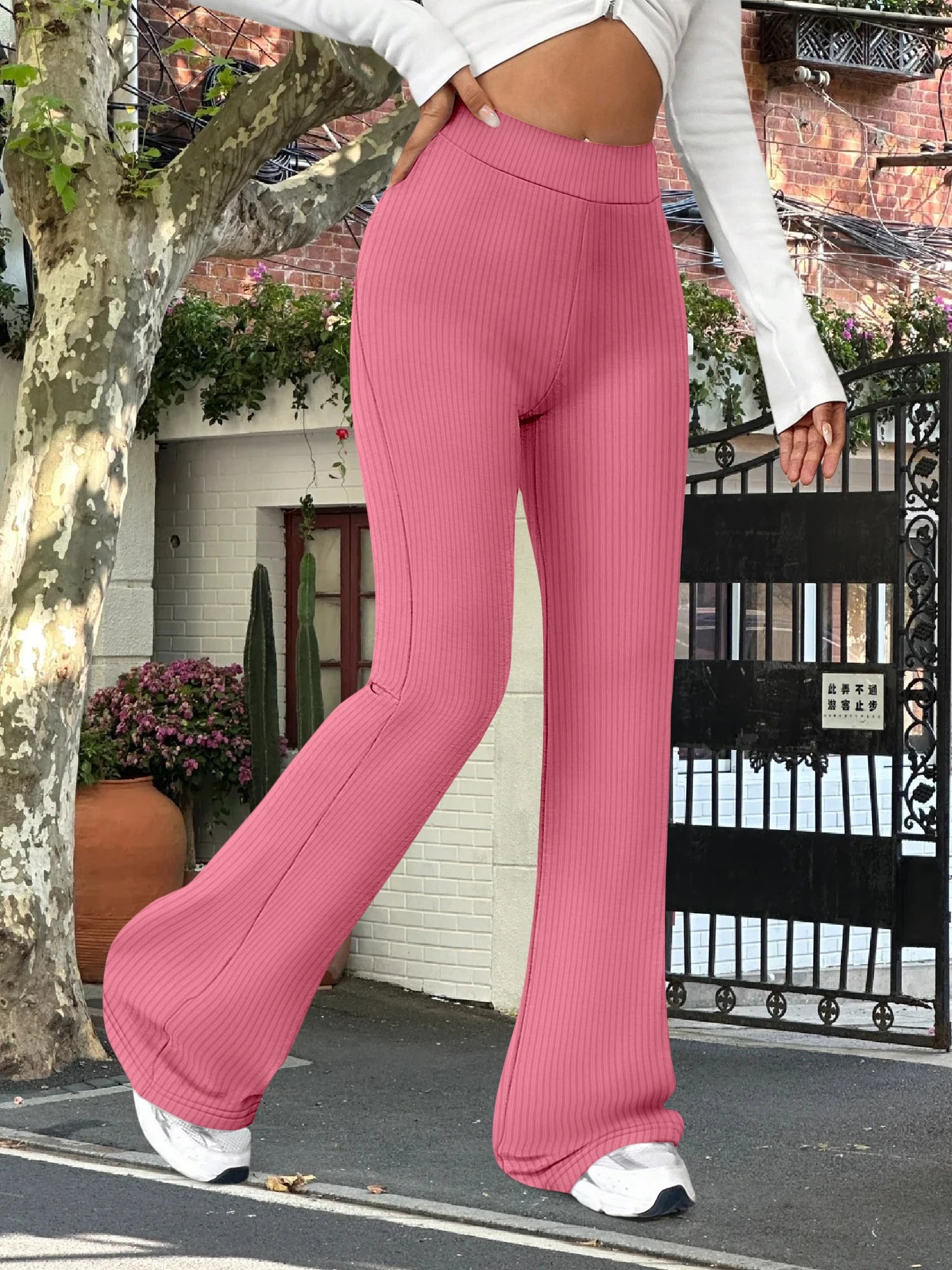 European and American Style High-Waisted Ribbed Flared Long Pants Comfortable Elastic Tight Slim-Fit Pants for Women