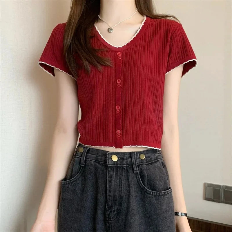 ITOOLIN New Women Korean Style Short Sleeve Knitted T-Shirt Women's Slim Fit Summer New Fashion Short Length V-neck Top