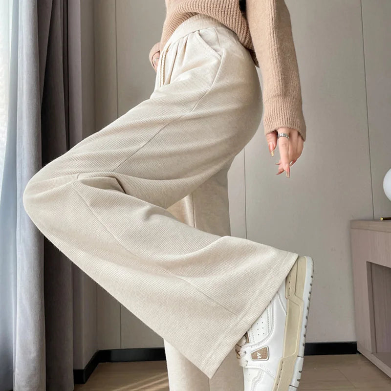 Autumn Women Classic Versatile Daily High Waisted Long Pants Lady Fashion Solid Cotton Elastic Wide Leg Straight Leg Trousers